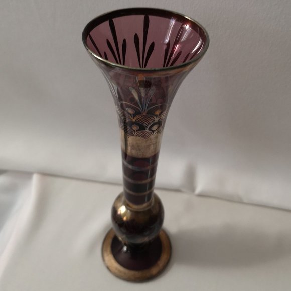 Beautiful Vintage Purple Amethyst Glass Vase w/ Silver Overlay Art Deco Design - Picture 5 of 7